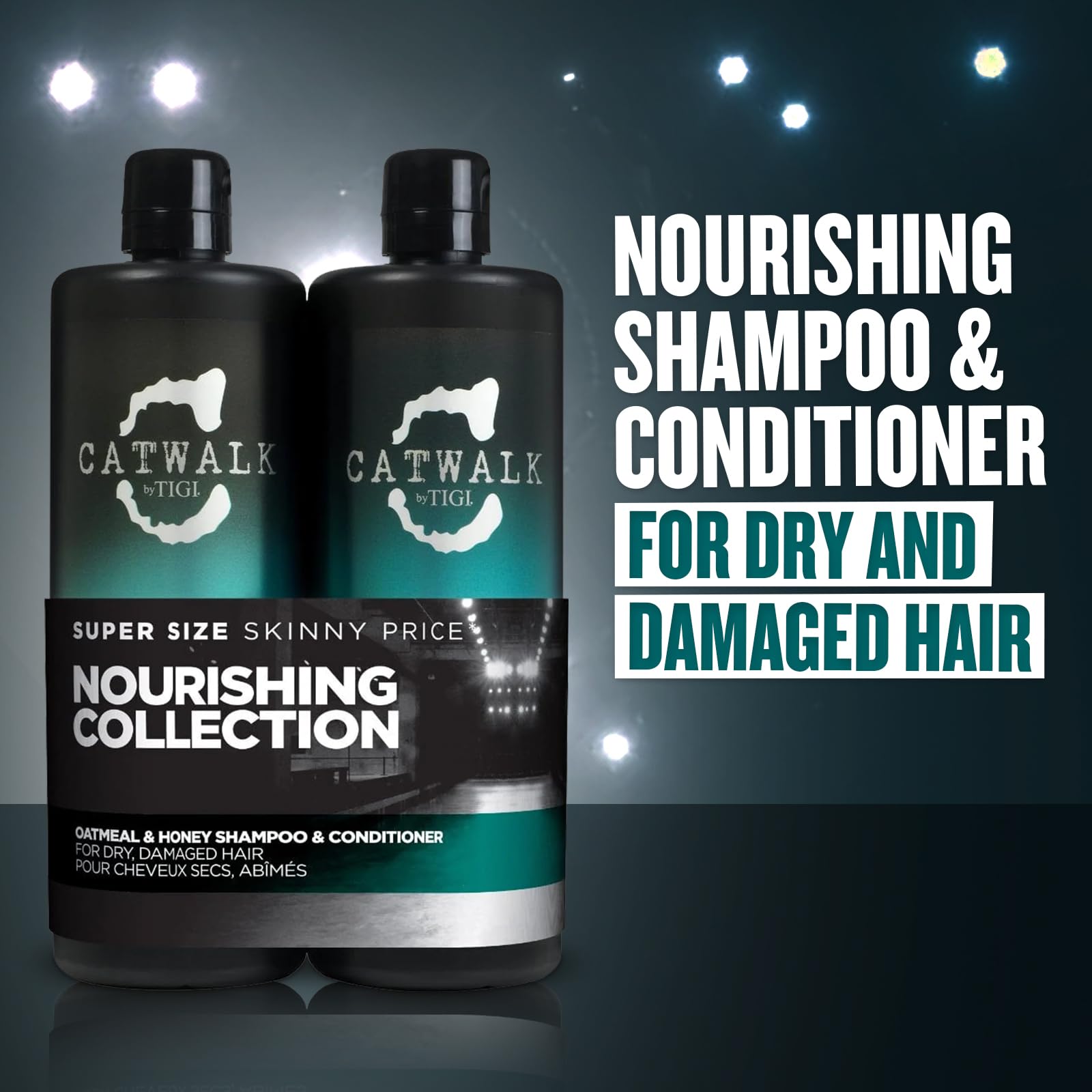 TIGI CATWALK Oatmeal & Honey conditioner bottle softens and conditions damaged hair.