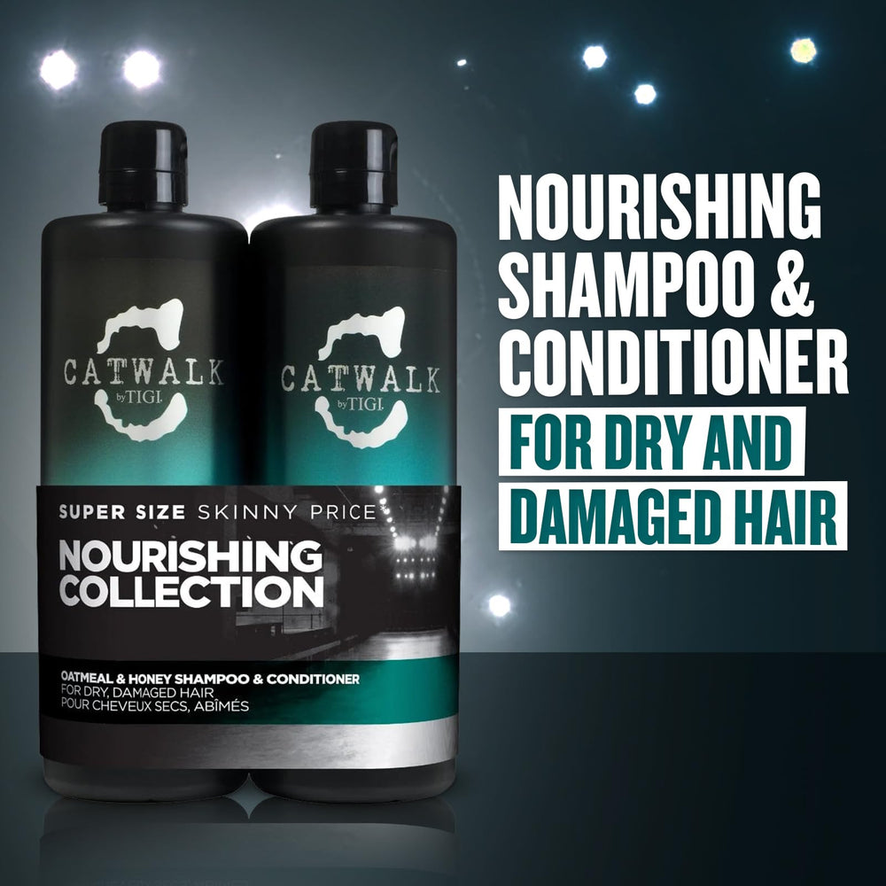 TIGI CATWALK Oatmeal & Honey conditioner bottle softens and conditions damaged hair.