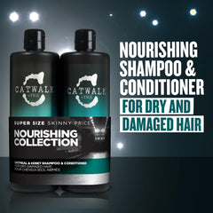 TIGI CATWALK Oatmeal & Honey conditioner bottle softens and conditions damaged hair.