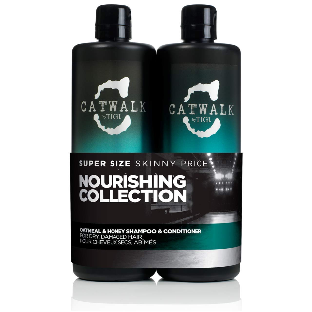 TIGI CATWALK Oatmeal & Honey shampoo bottle highlights nourishing cleansing for dry, damaged hair.