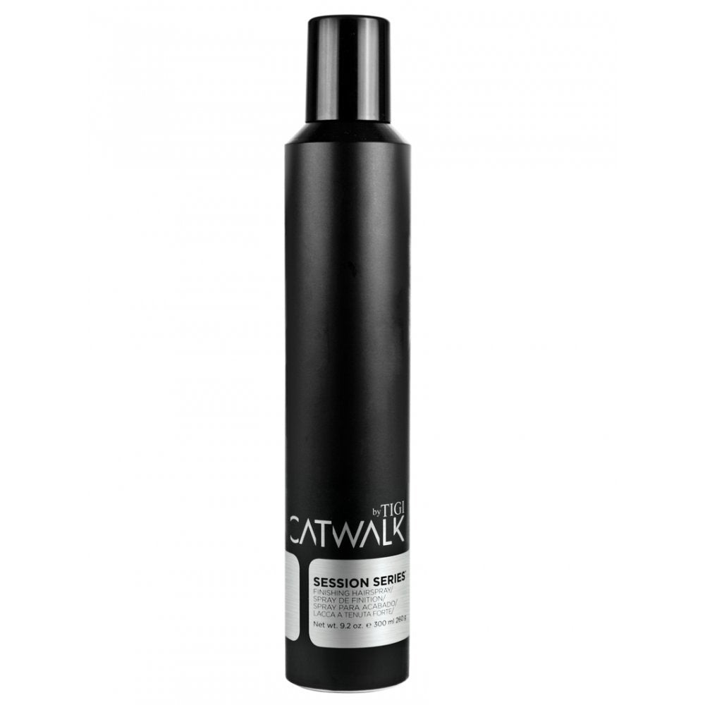 TIGI Catwalk Session Series finishing hairspray bottle for flexible, long-lasting hold and humidity resistance.