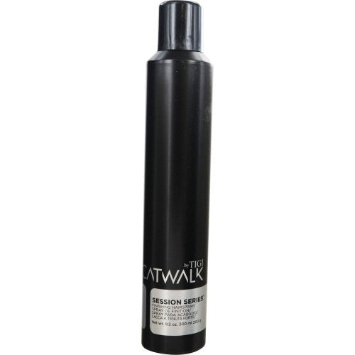 TIGI Catwalk Session Series Finishing Hairspray bottle offers flexible hold for sleek styles.