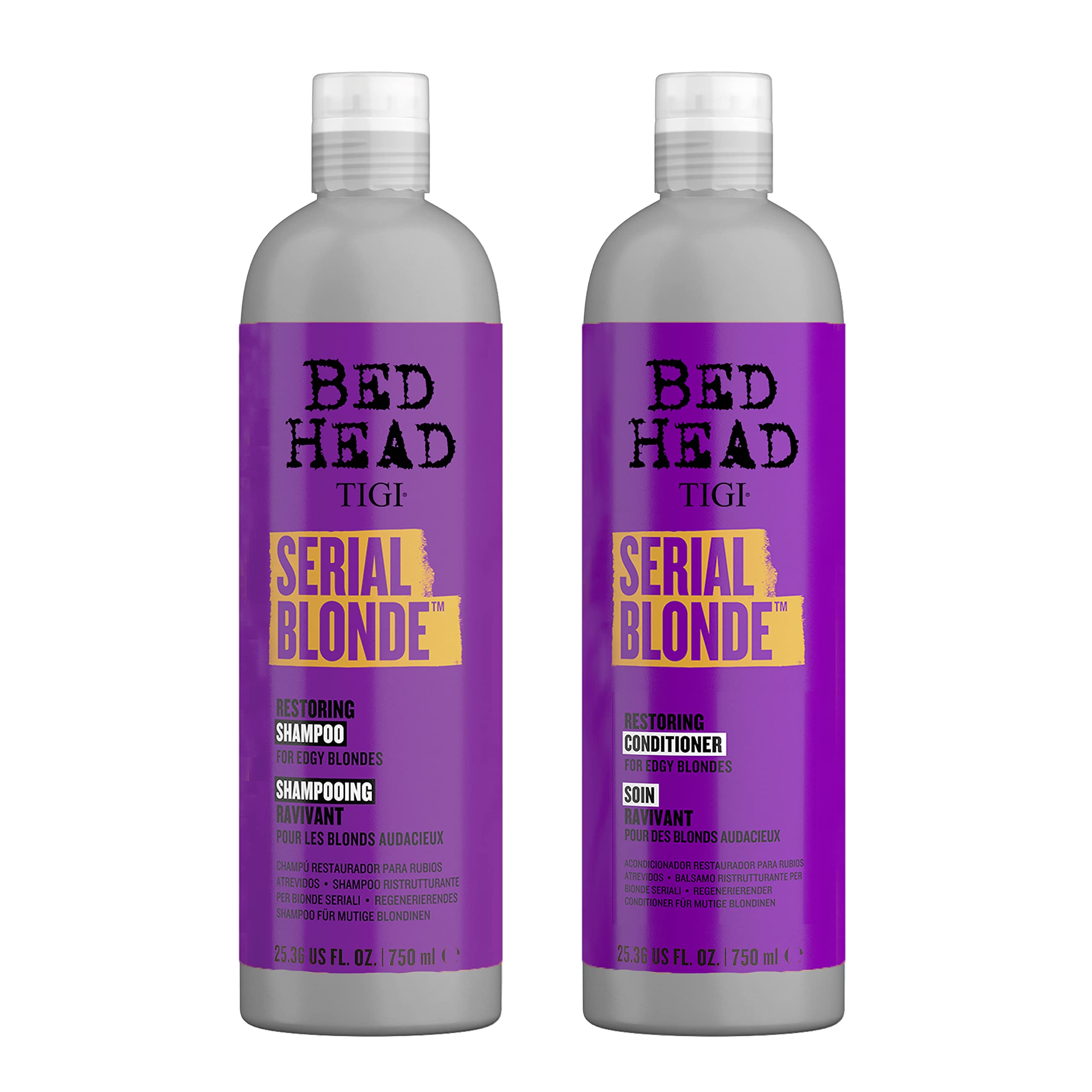 TIGI Bed Head Serial Blonde restoring shampoo bottle promoting stronger blonde hair.