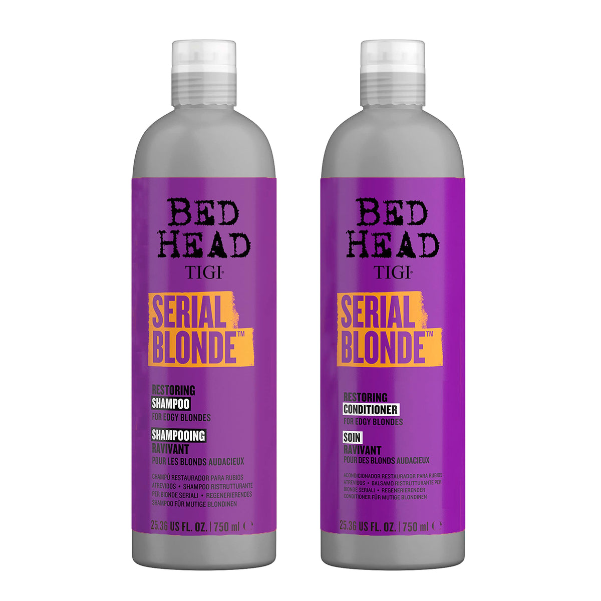TIGI Bed Head Serial Blonde restoring shampoo bottle promoting stronger blonde hair.