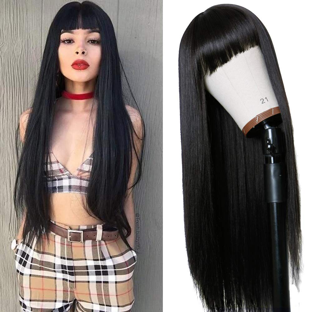 TIMANZO natural-black wig with heat-resistant fibers ideal for versatile styling.