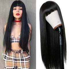TIMANZO natural-black wig with heat-resistant fibers ideal for versatile styling.