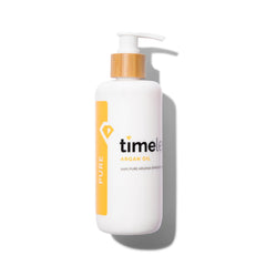 Timeless Skin Care Argan Oil bottle on vanity, fragrance-free hydration for skin and hair