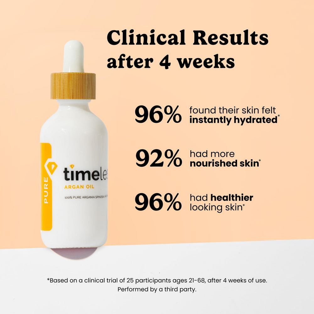 Timeless Skin Care Argan Oil on vanity, fragrance-free multi-use oil for face