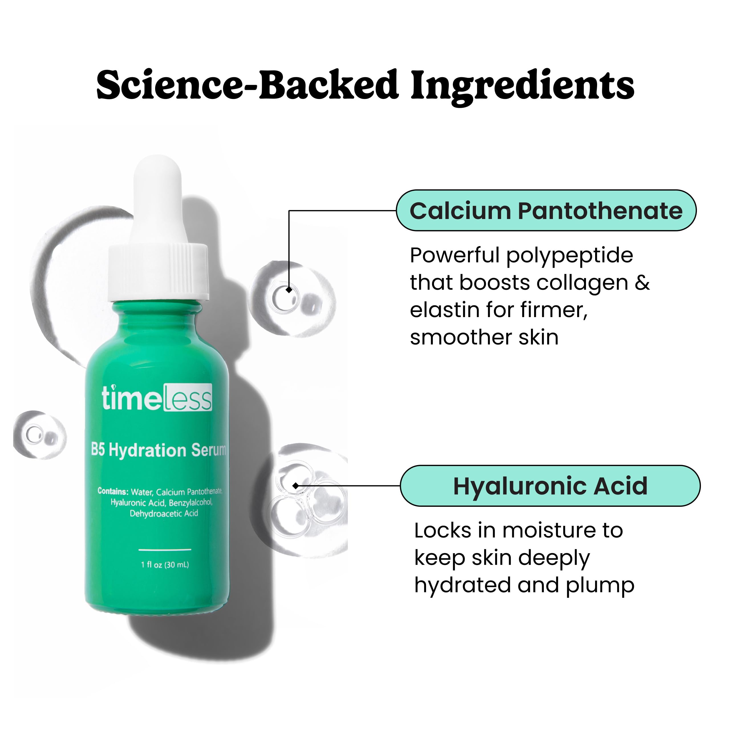 Timeless Skin Care Vitamin B5 Serum dropper dispensing precise drops for hydration