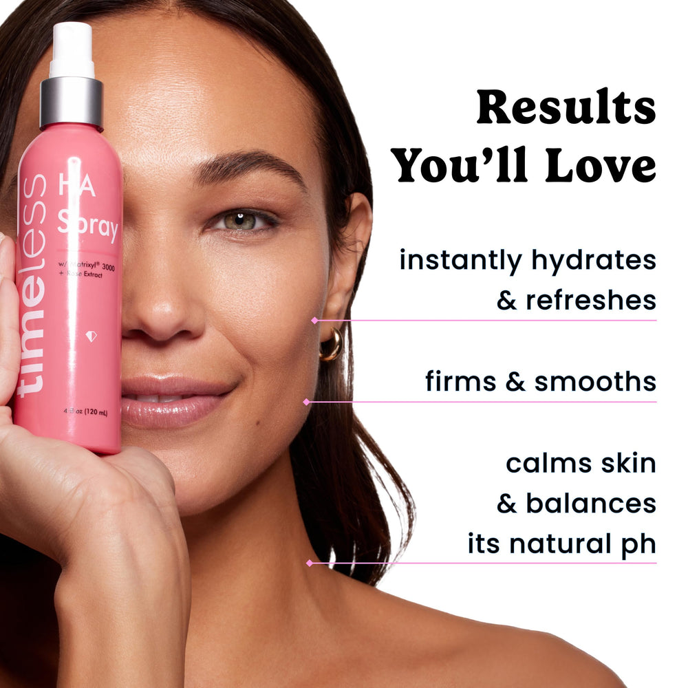 Timeless Skin Care Hyaluronic Acid Face Spray demonstrates refreshing moisture support.