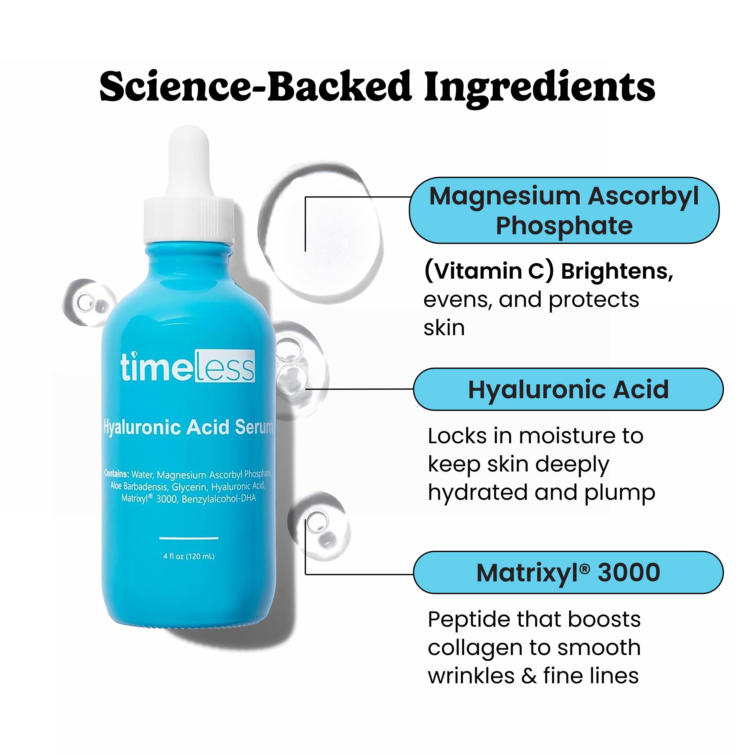 Timeless Skin Care Hyaluronic Acid serum bottle with dropper dispensing serum