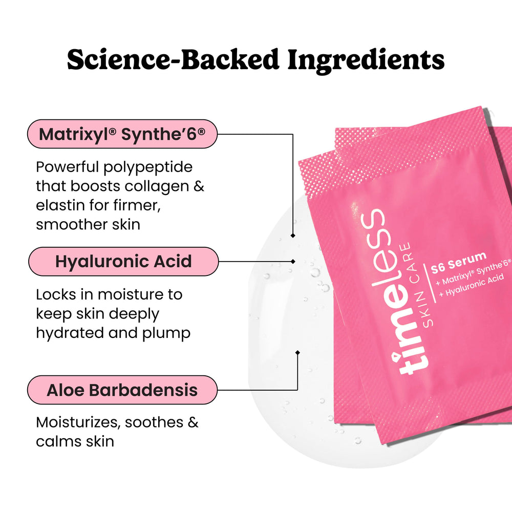 Timeless Matrixyl Synthe’6 Serum bottle with pump for easy, clean dispensing and protection