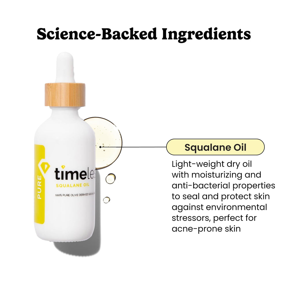 Timeless Skin Care Squalane Oil dropper in use for face hydration.