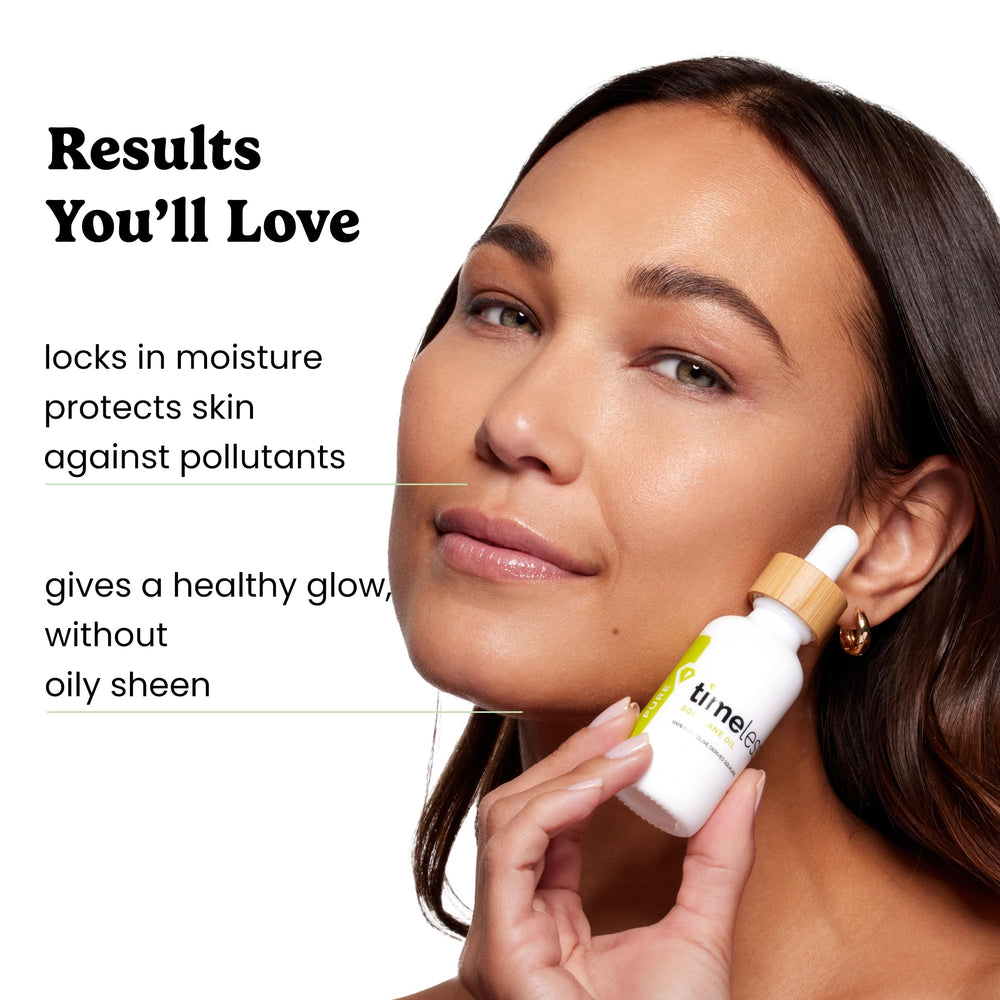 Timeless Skin Care Squalane Oil ingredient label highlights clean plant-based formula.