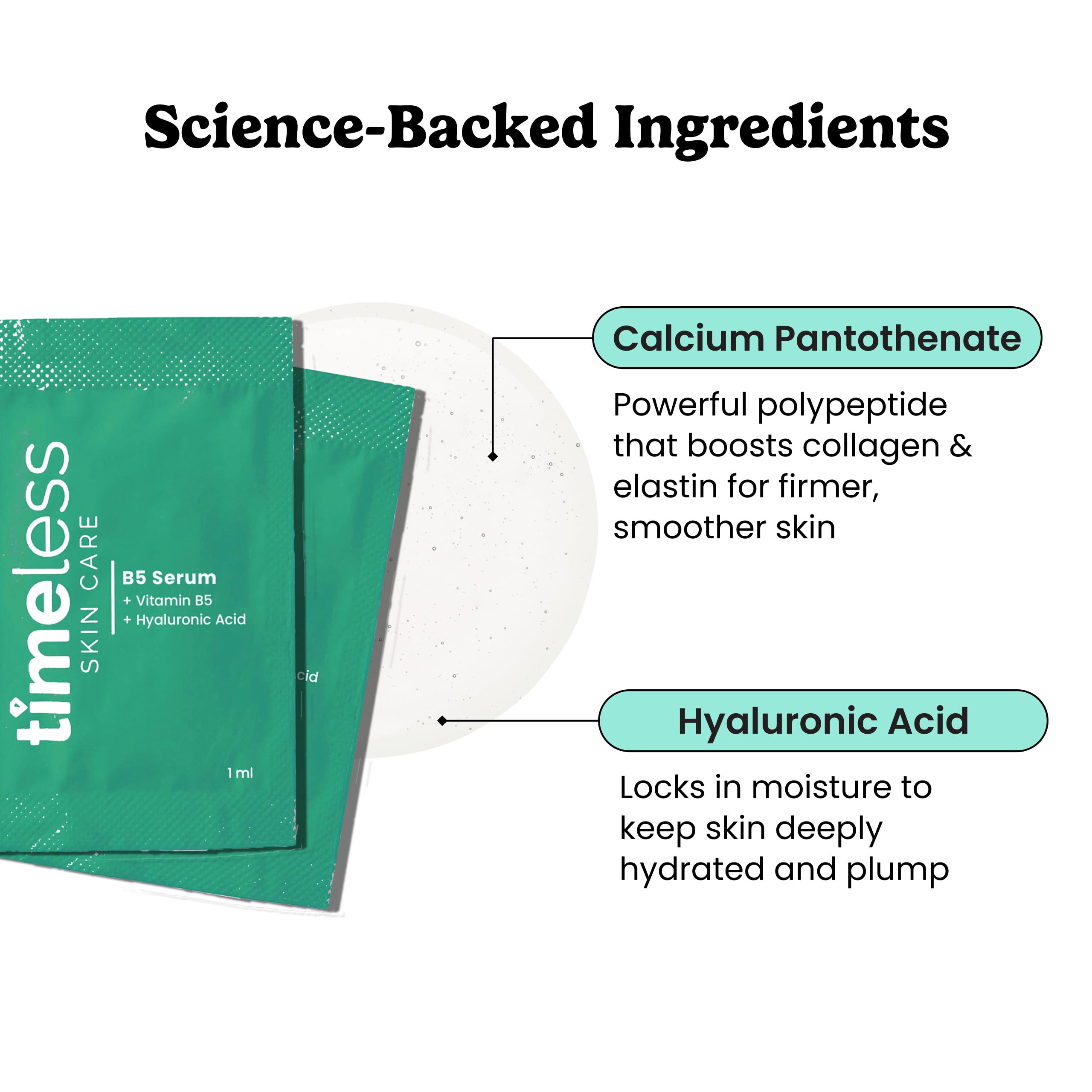 Close-up of Timeless Skin Care Vitamin B5 Serum drops highlighting hydrating hyaluronic acid