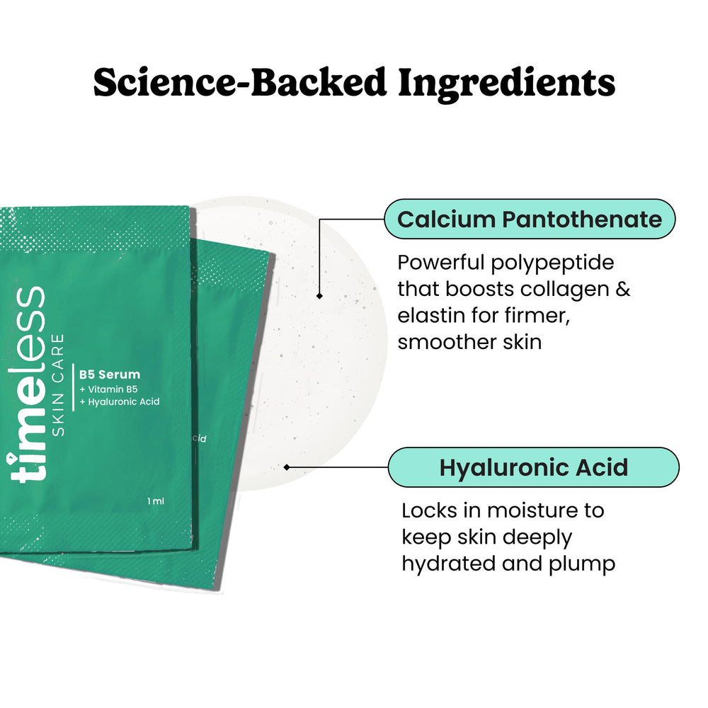 Close-up of Timeless Skin Care Vitamin B5 Serum drops highlighting hydrating hyaluronic acid