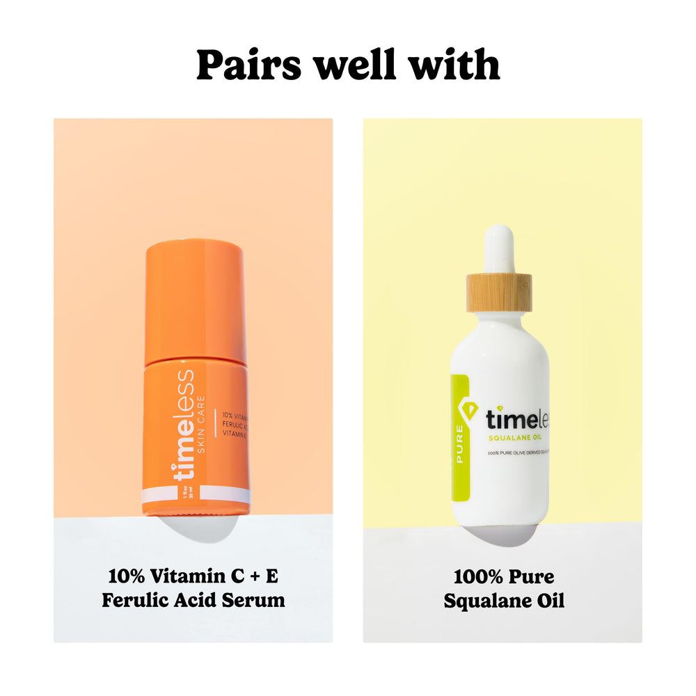 Timeless Skin Care Vitamin B5 Serum oil-free formula graphic highlights suitability for oily skin.