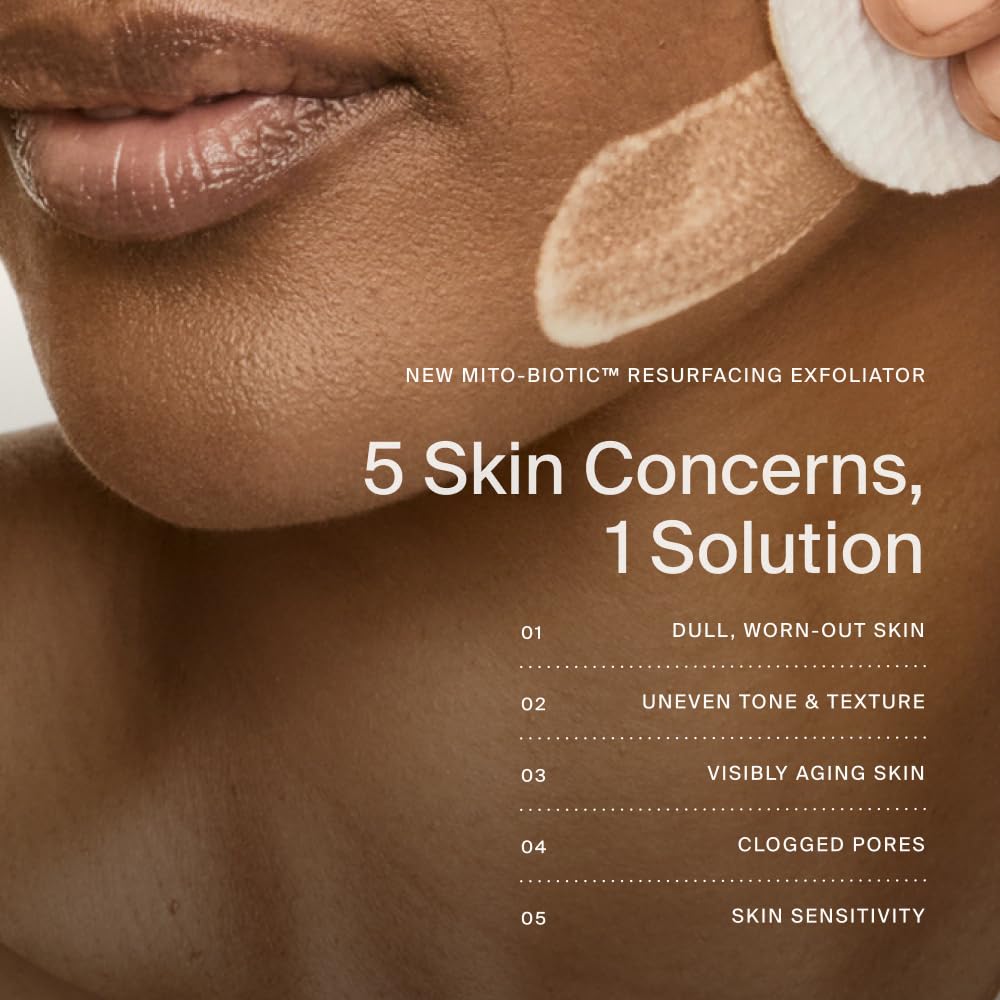 Timeline Mito-Biotic travel-size exfoliator bottle in sleek form for travel routines