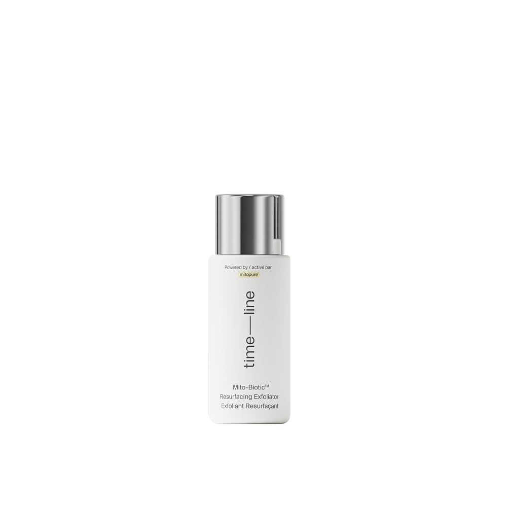 Timeline Mito-Biotic travel exfoliator packaging shows compact on-the-go design for skincare