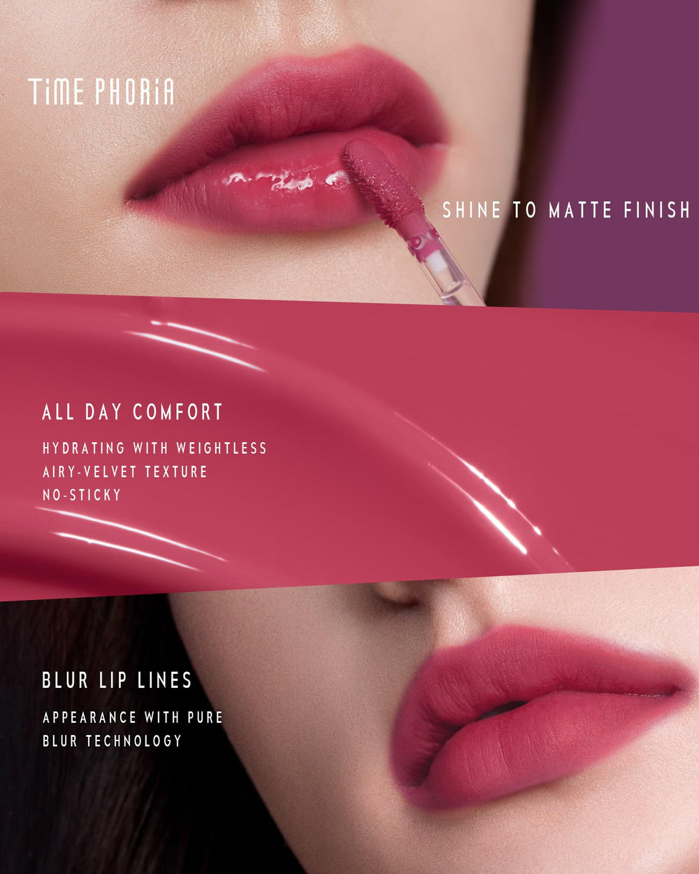 TIMEPHORIA Altera Blurring Lip Tint Bloom hydration benefits keep lips comfortable.