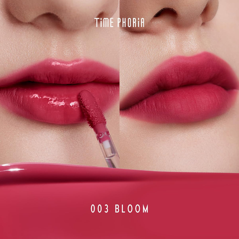 TIMEPHORIA Altera Blurring Lip Tint 003 Bloom swirls demonstrate creamy texture on skin.