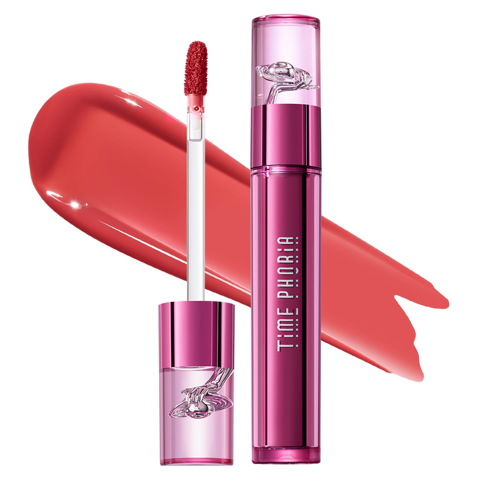 TIMEPHORIA Altera Lip Tint 010 Ripple front view shows vibrant coral glow and lightweight feel