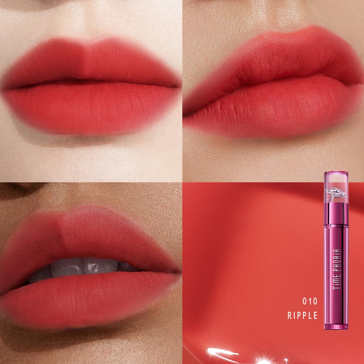 TIMEPHORIA Altera Lip Tint 010 Ripple swirl application demonstrates glossy to soft matte transition
