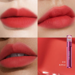TIMEPHORIA Altera Lip Tint 010 Ripple swirl application demonstrates glossy to soft matte transition
