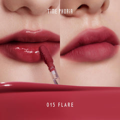 TIMEPHORIA Altera Lip Tint 015 Flare swatch on skin reveals rich pink blur finish