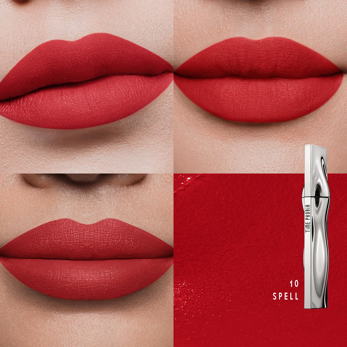 TIMEPHORIA Eternal Lip Matte on lips demonstrates smooth, even coverage in Warm Red.