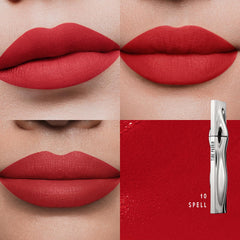TIMEPHORIA Eternal Lip Matte on lips demonstrates smooth, even coverage in Warm Red.