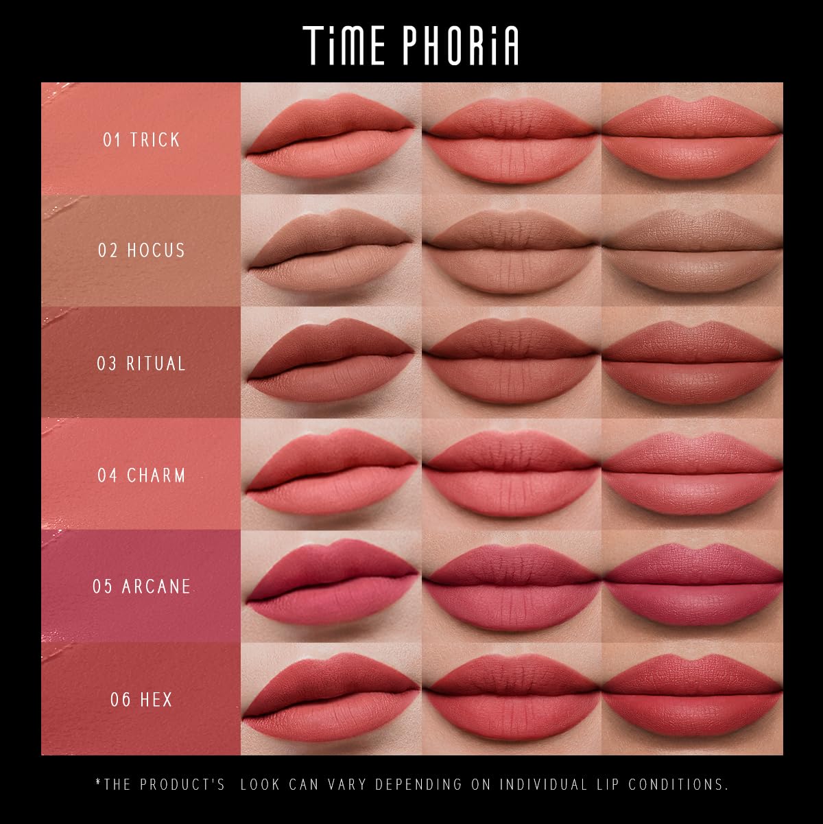 TIMEPHORIA Eternal Lip Matte close-up on lips highlights rich pigment and matte finish.