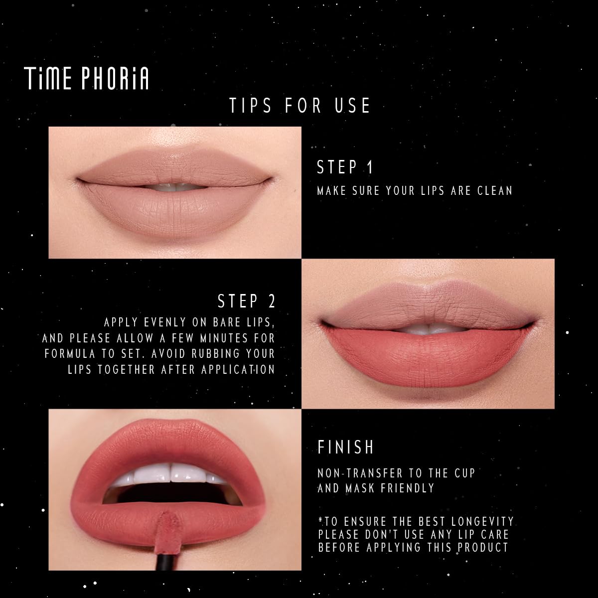 TIMEPHORIA Eternal Lip Matte on natural lip tone blends with skin.