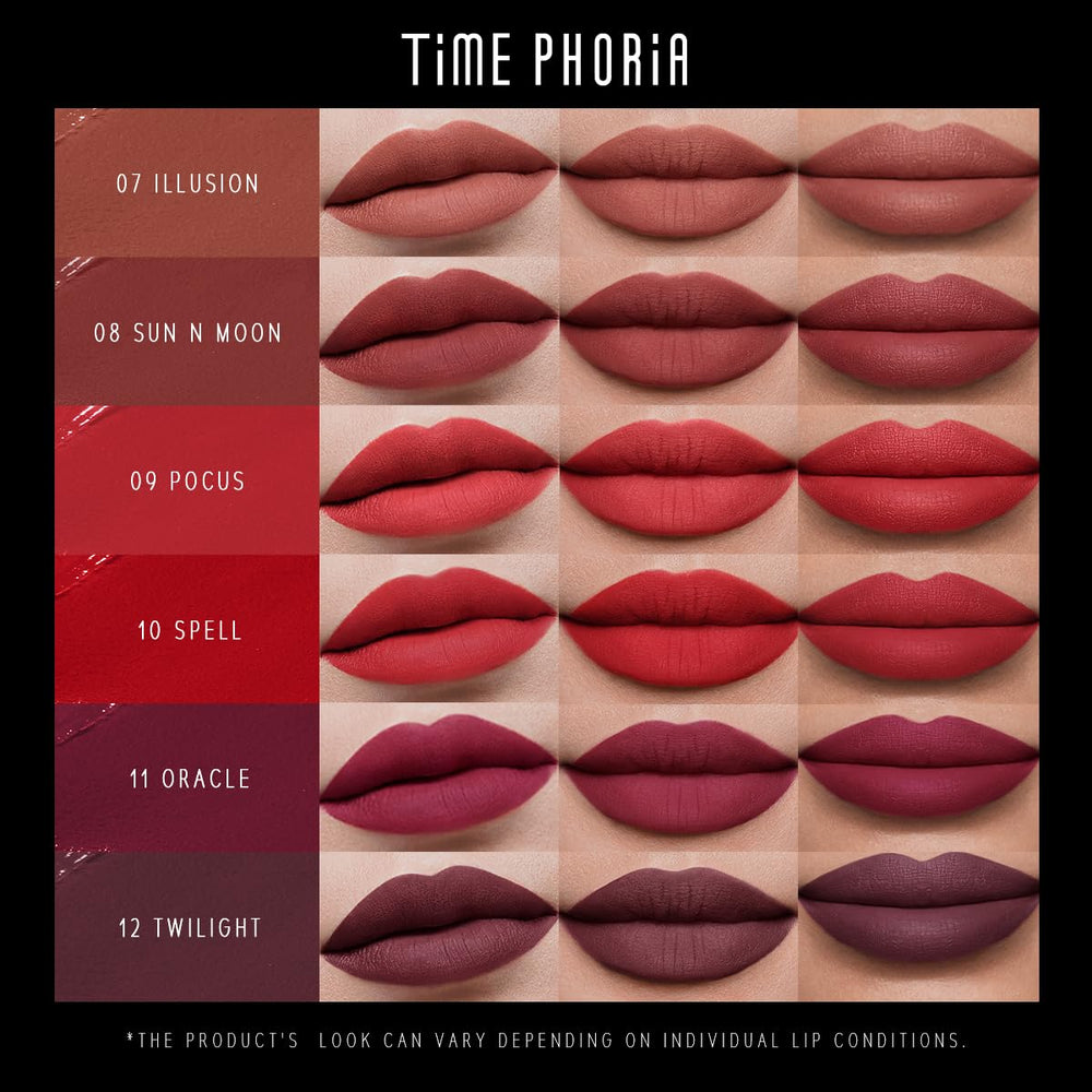 TIMEPHORIA Eternal Lip Matte texture close-up highlights feather-light feel.