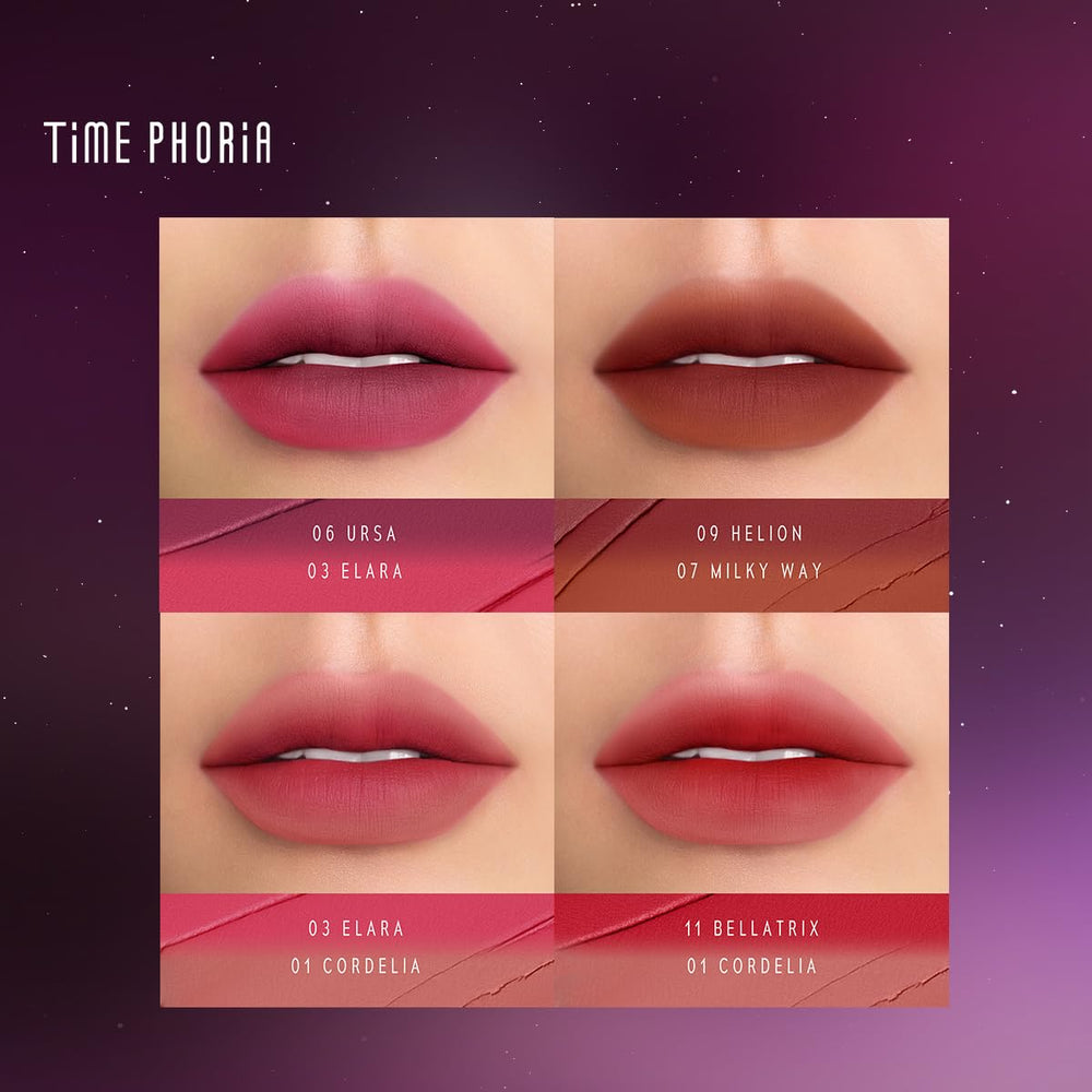 TIMEPHORIA Nebula Velvet Lip Cream long-wear look with rich color