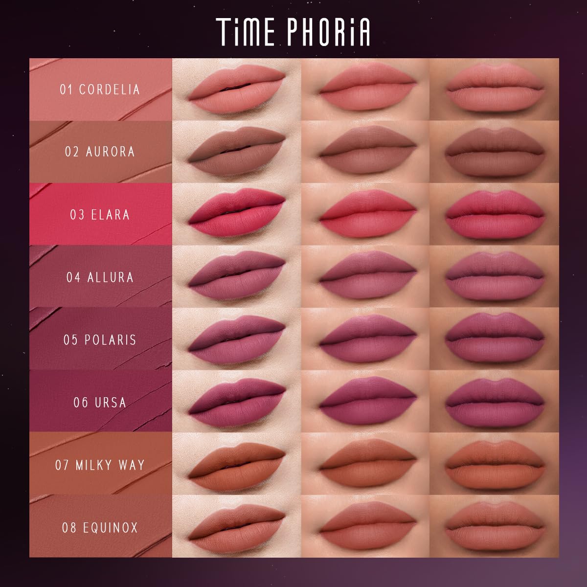 TIMEPHORIA Nebula Velvet Lip Cream soft-dry glide highlighting lightweight velvet-matte texture