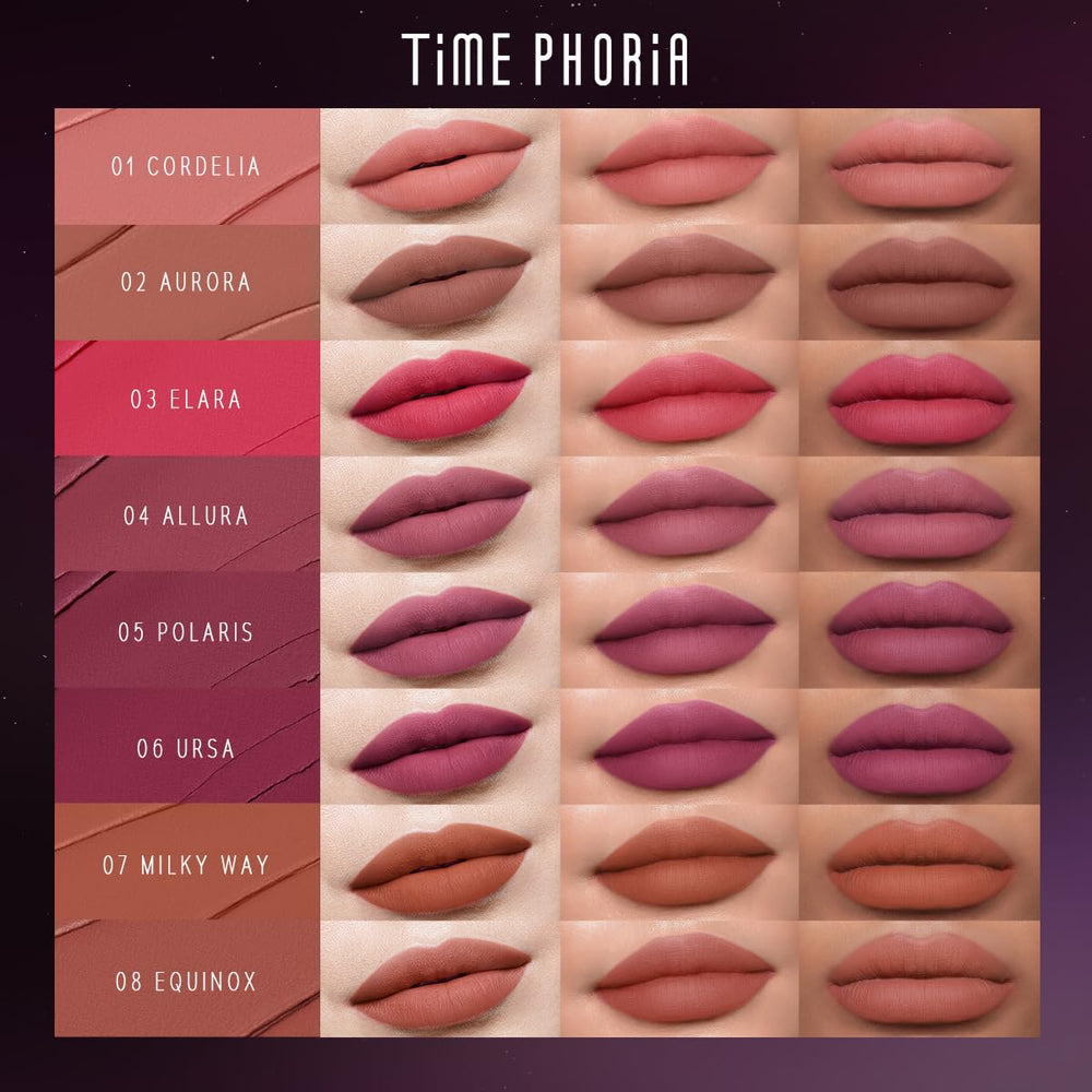 TIMEPHORIA Nebula Velvet Lip Cream soft-dry glide highlighting lightweight velvet-matte texture