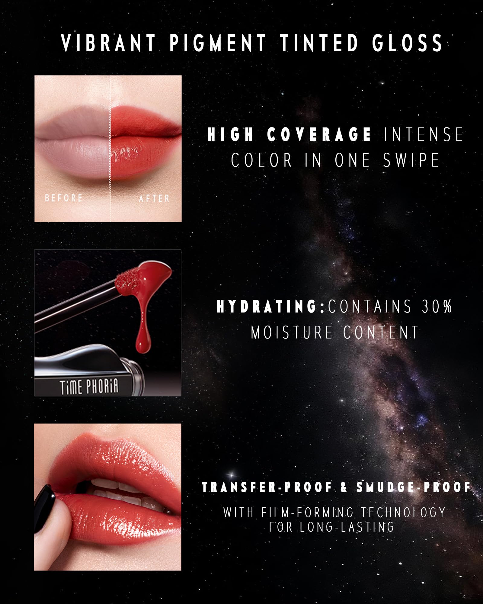 Timephoria Stellar Dust Lip Stain 004 Mauvion offers 22 shade options for variety.