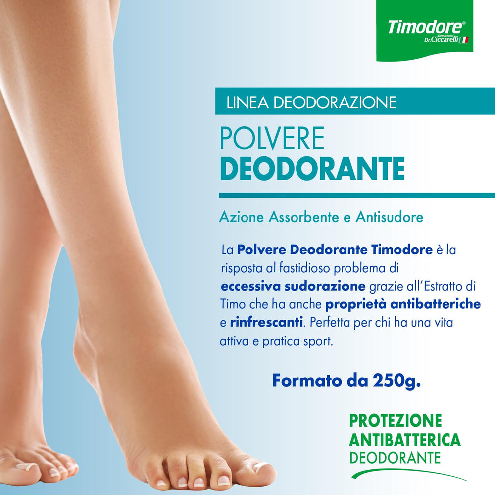 Timodore Deodorant Powder bottle closeup highlights thyme extract for natural odor control.