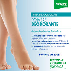 Timodore Deodorant Powder bottle closeup highlights thyme extract for natural odor control.