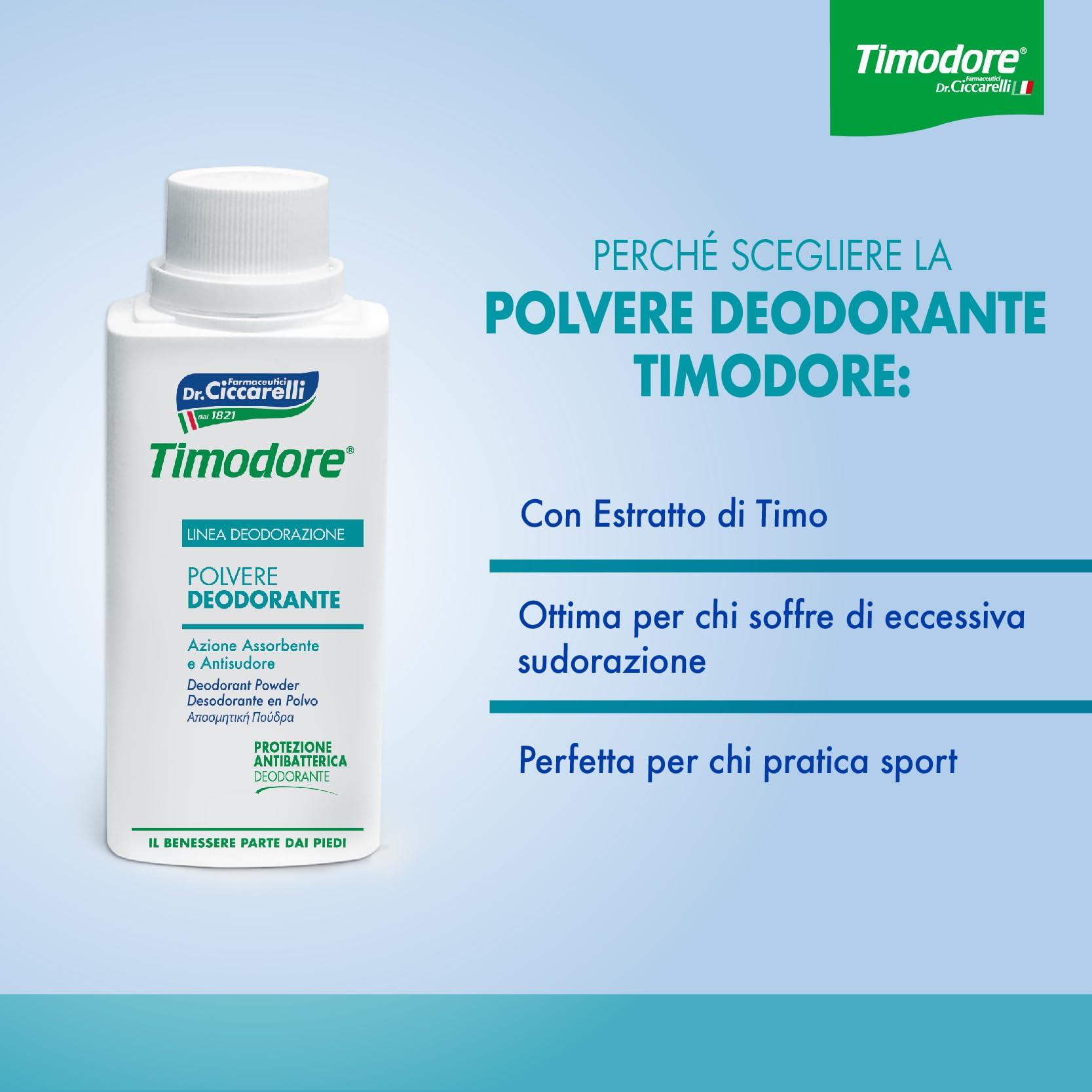 Timodore Deodorant Powder dusting action demonstrates easy application for fresh feet.
