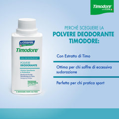 Timodore Deodorant Powder dusting action demonstrates easy application for fresh feet.