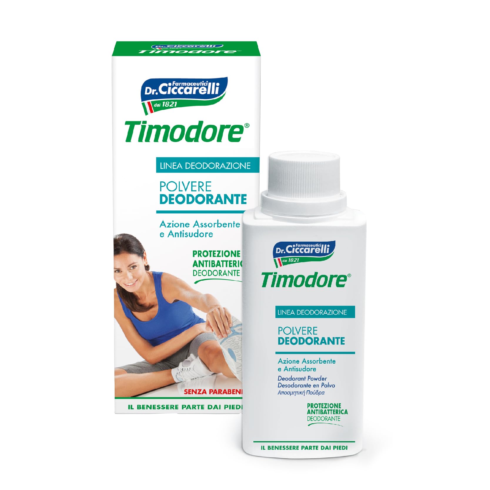Timodore Deodorant Powder packaging shows a 250 g container for daily foot care.