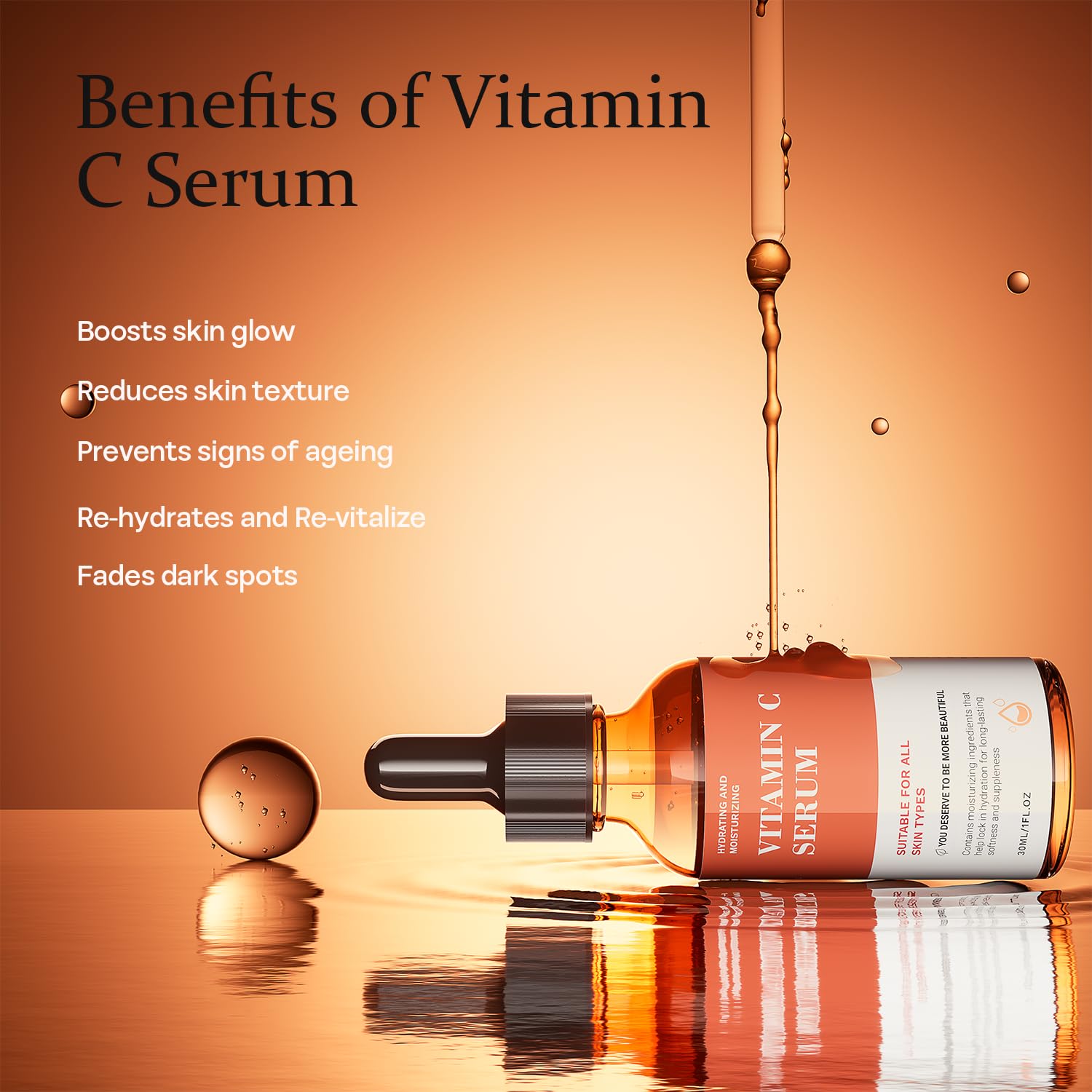 Droplet of Tinclen Vitamin C Serum poured from the dropper for brightening routine.