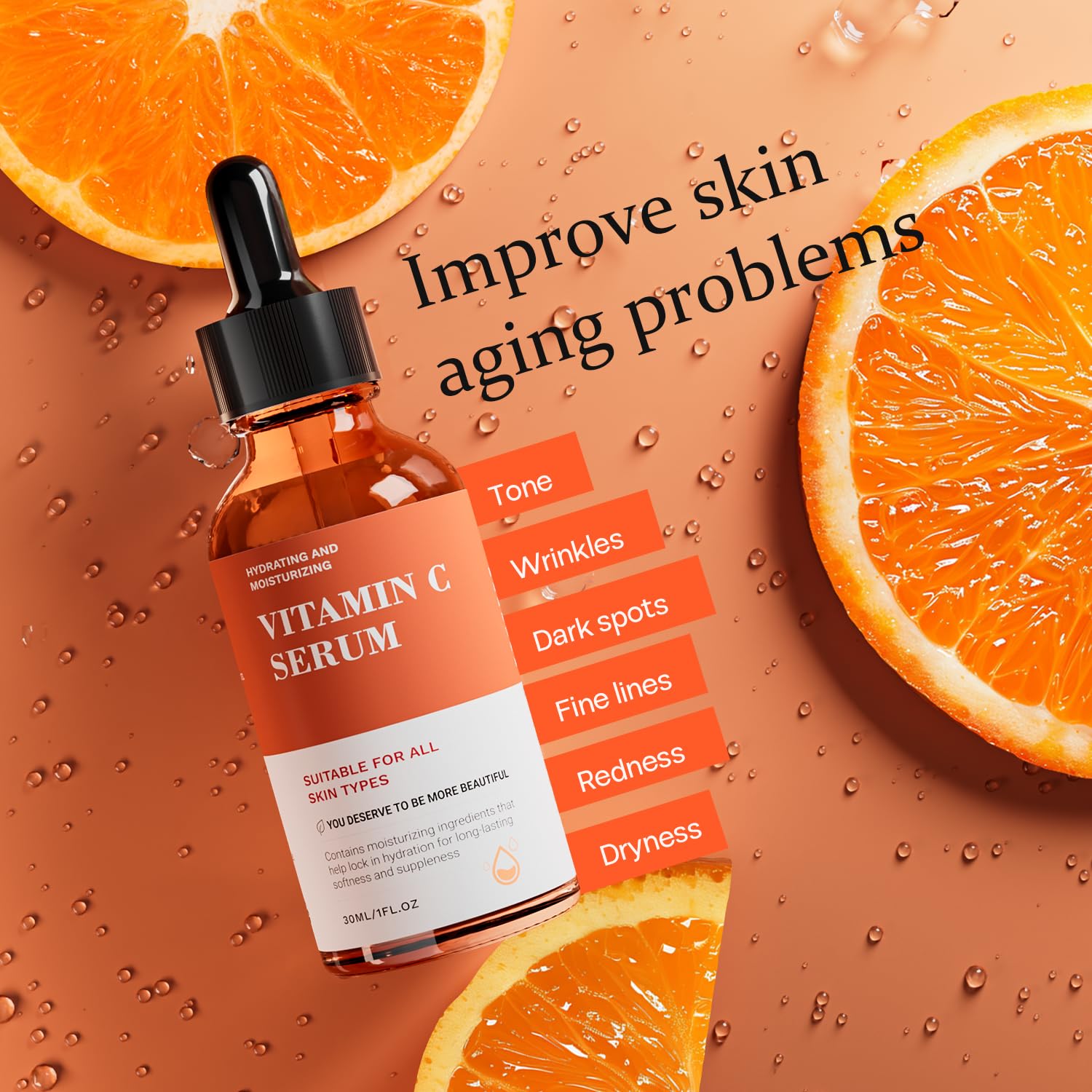 Packaging label on Tinclen Serum highlights Vitamin C, Sodium Hyaluronate, and Vitamin E.