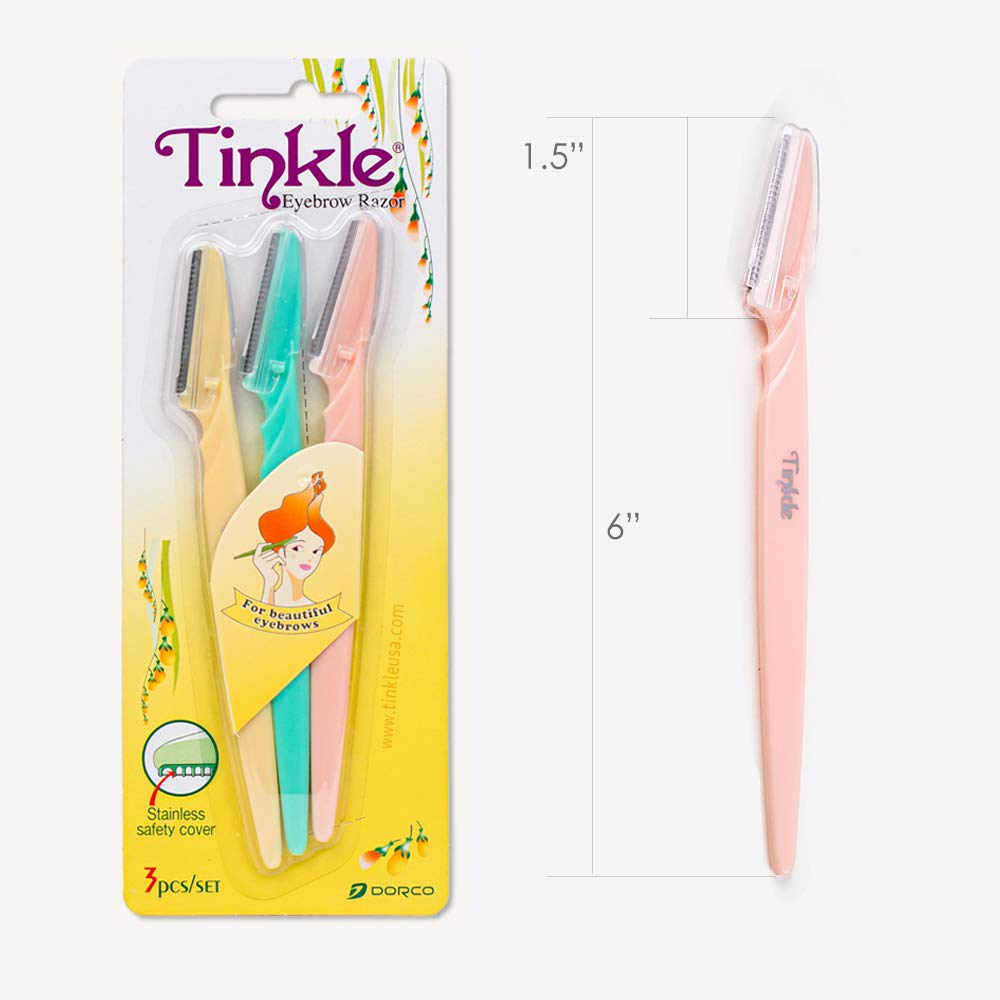 Tinkle eyebrow razor in use on brow for smoother makeup prep