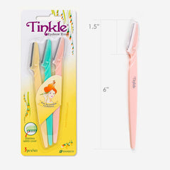 Tinkle eyebrow razor in use on brow for smoother makeup prep