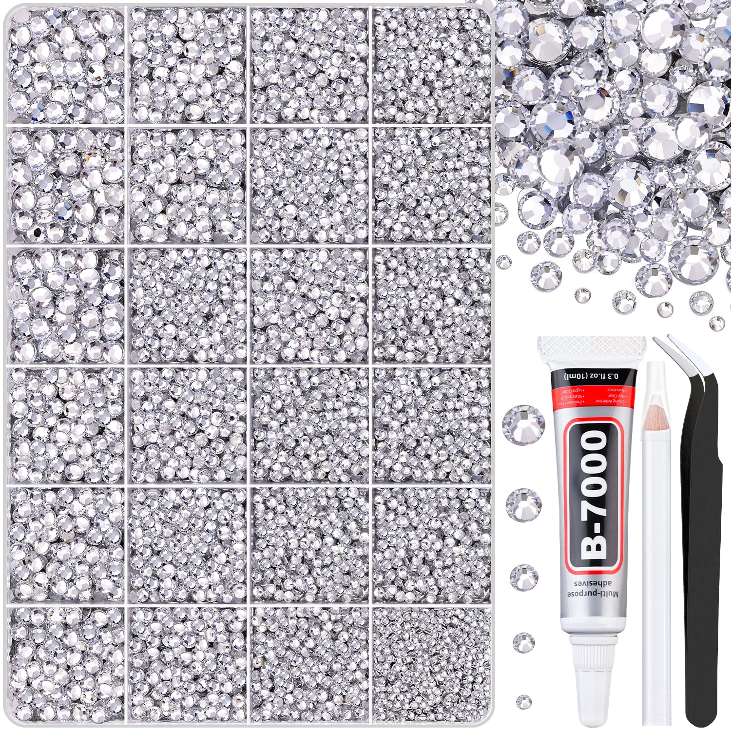 TINKRSTUFF 30000Pcs Clear Rhinestones in a 24-grid box for craft embellishments.