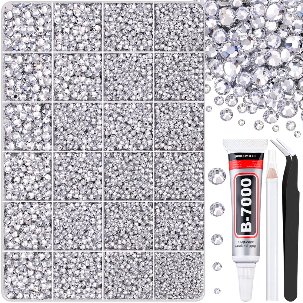 TINKRSTUFF 30000Pcs Clear Rhinestones in a 24-grid box for craft embellishments.