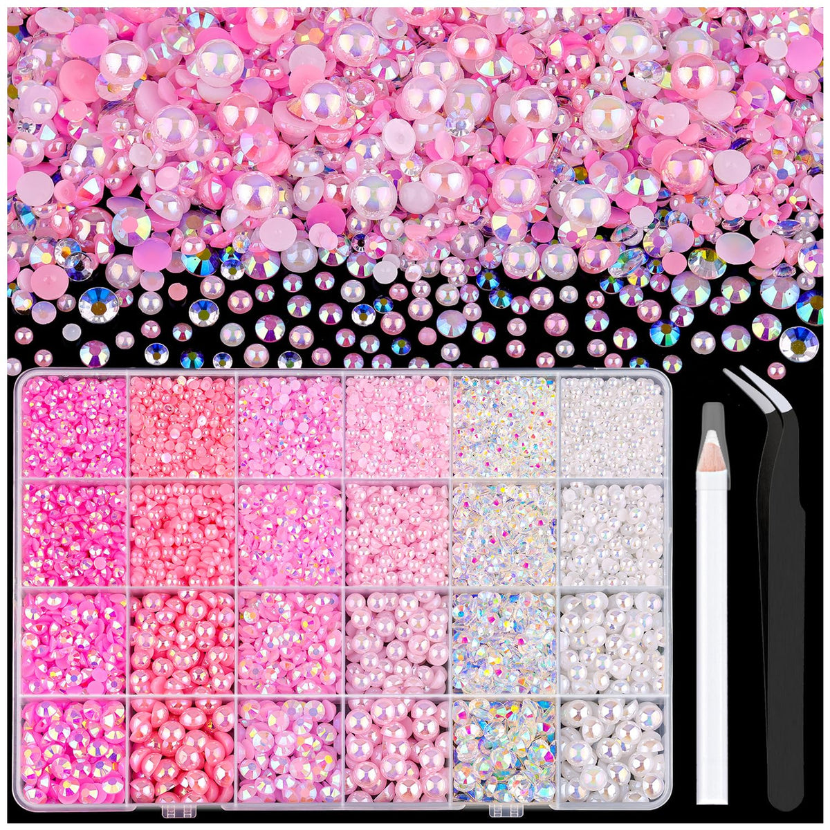 TINKRSTUFF box of 9000 flatback pearls and rhinestones for DIY projects.